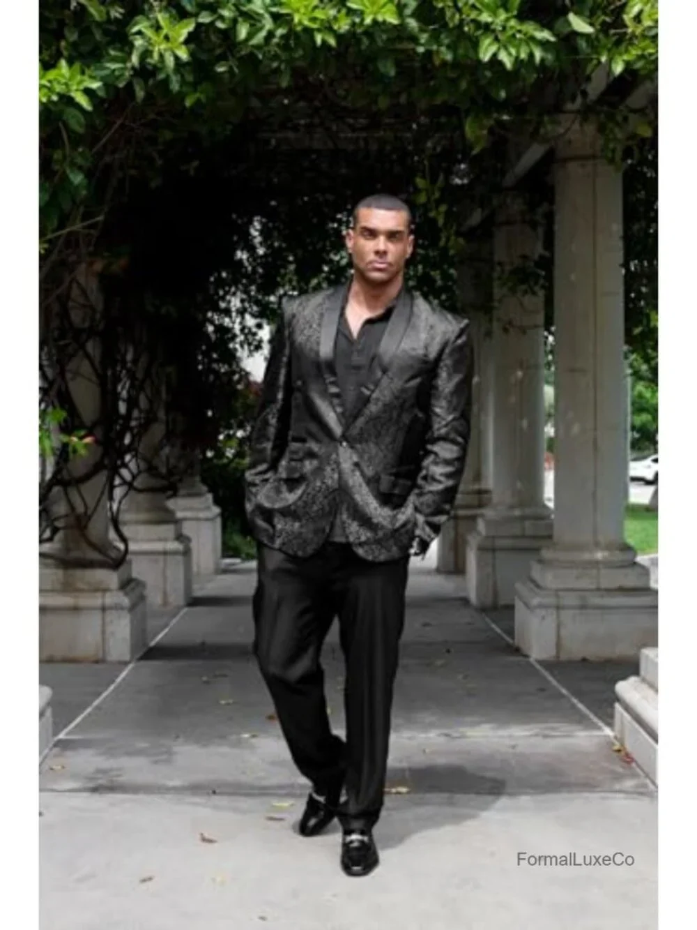 Men's Floral Jacquard Suit Blazer 1 Button Shawl Collar Tuxedo Sport Coat Party